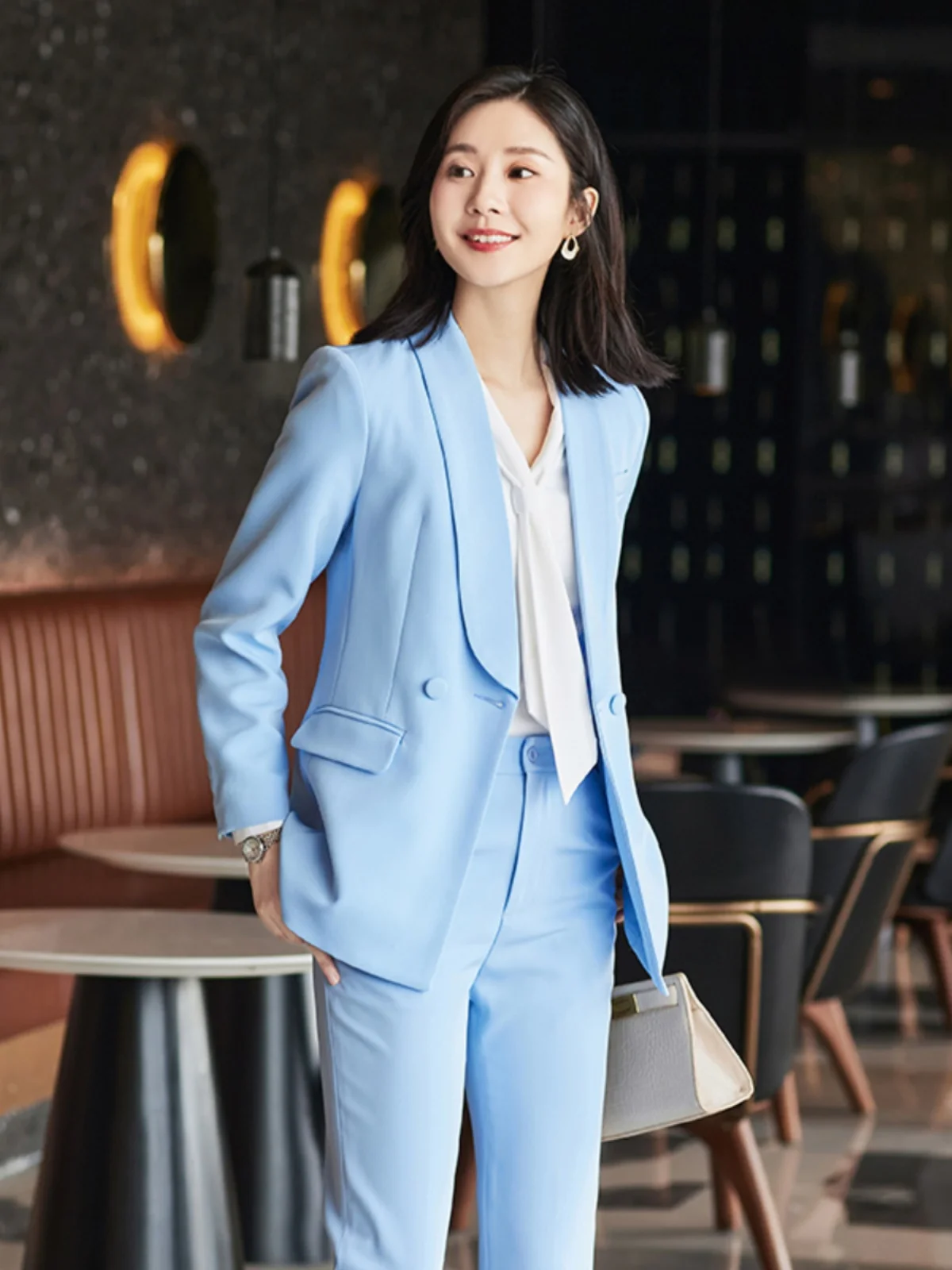 Elegant Female Host Suit 2024 Spring Fashionable Professional Workwear Broadcast Art Exam High-End Feel Polyester Long Sleeve