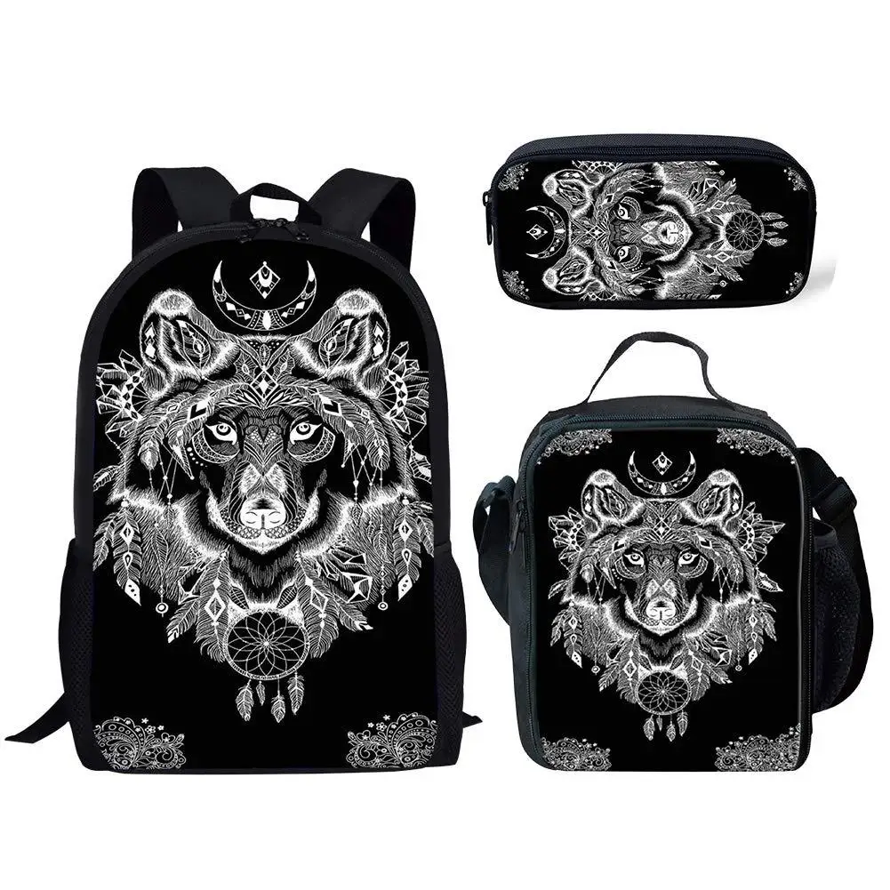 Creative Wolf Totem 3D Print 3Pcs/Set School Bag Student Teenager Boys Girls Campus Daily Storage Backpack Lunch Bag Pencil Bag