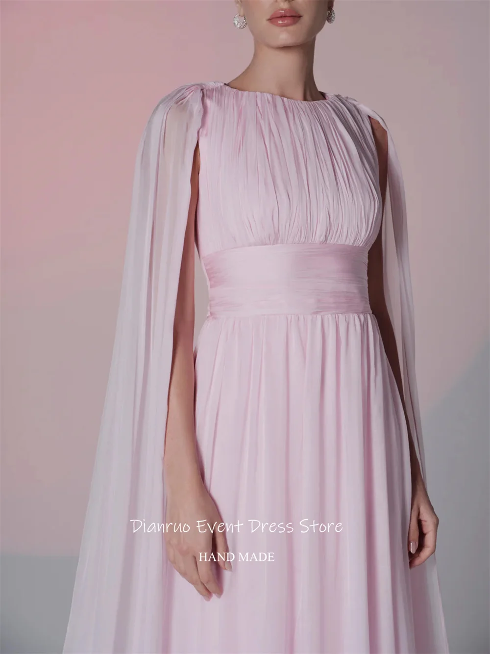 Dianruo-vestido de Noche rosa con mangas tipo capa, Vestidos de gasa fluidos Para Mujer, corte en A, escote redondo, personalizado