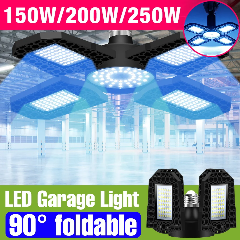 

250W LED Garage Light E27 Foldable Workshop Lamp 220V Spotlight Bulb 110V Storehouse Basements Parking Lot Large Area Lighting
