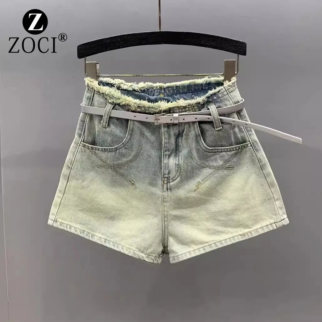 [Zoci] sentido del diseño: pantalones cortos de mezclilla de color claro, lavado elástico, adelgazamiento, cintura alta, pantalones calientes de pierna ancha, línea A, verano, nuevo