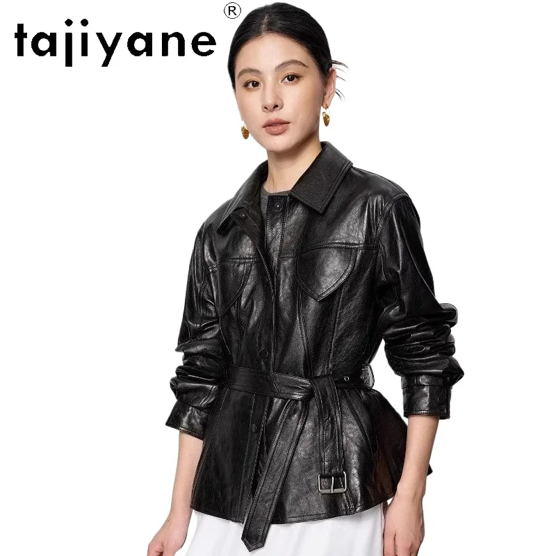 TAJIYANE السترات المصنوعة من جلد الغنم والشمع الزيتي الحقيقي معطف قصير بحزام سترة جلدية أصلية مميزة للمرأة 2025 ملابس الخريف 신상ААУটার