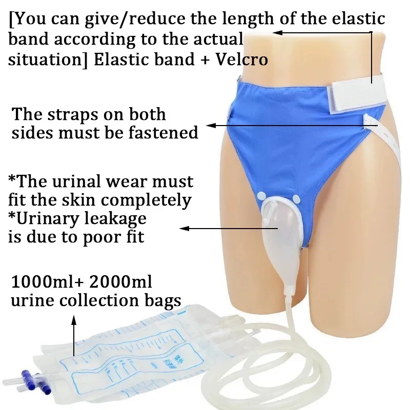 Removable Leakproof Urinal Collector with 1000/2000Ml Drainage Bag Hypoallergenic for Incontinence Care for Bedridden Adults