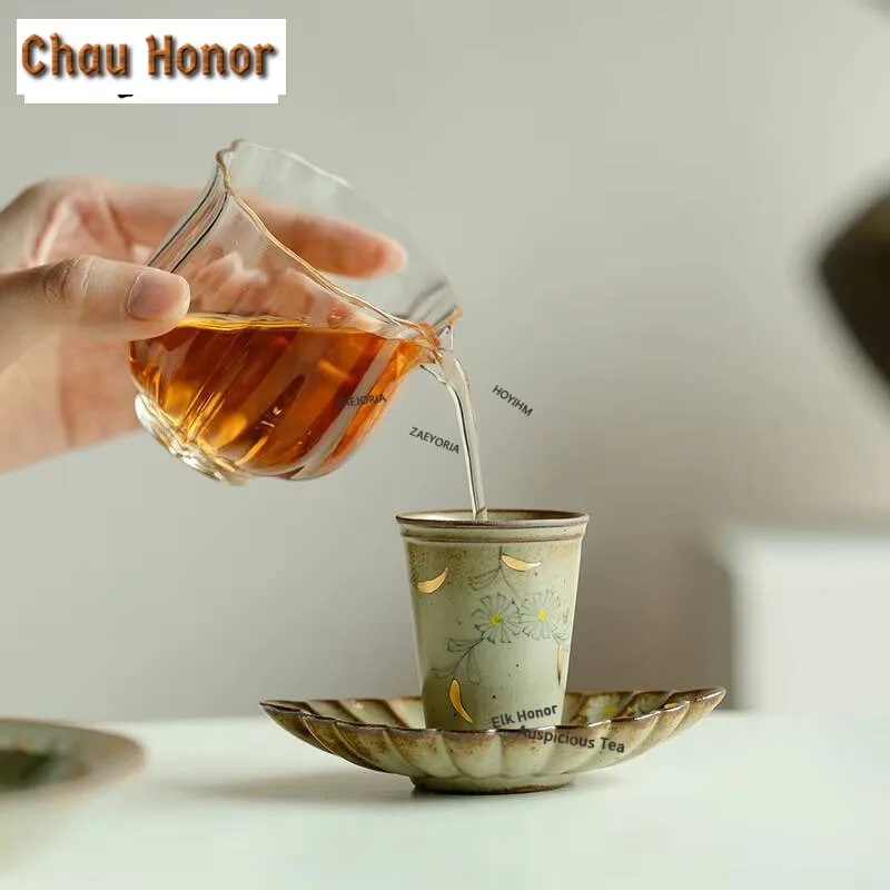 45ml Outline in Gold Teacup Hand-painted Small Daisy Jug Retro Master Cups Meditation Tea Bowl Tea Ceremony Supplies Collection