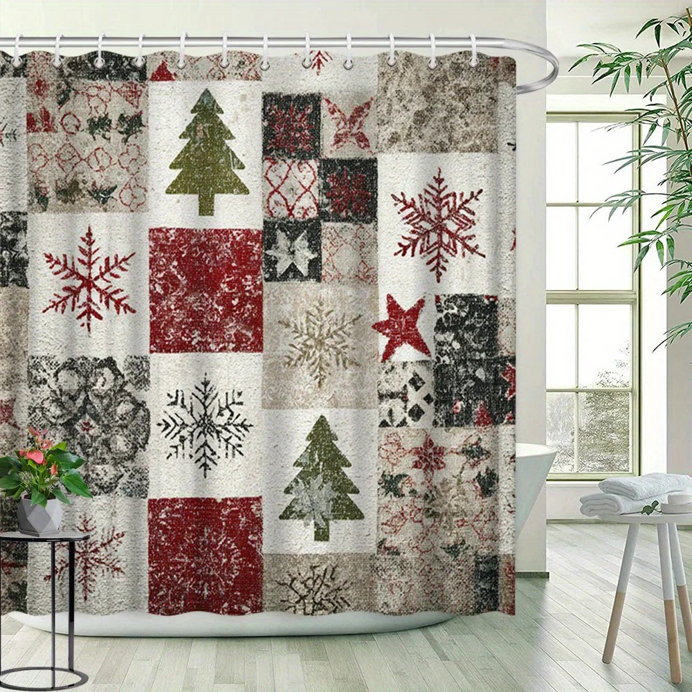 1pc Vintage Christmas Shower Curtain Suitable for Bath & Shower - Snowflake & Evergreen Tree Patchwork, Bath Partition Curtain with 12 Hooks