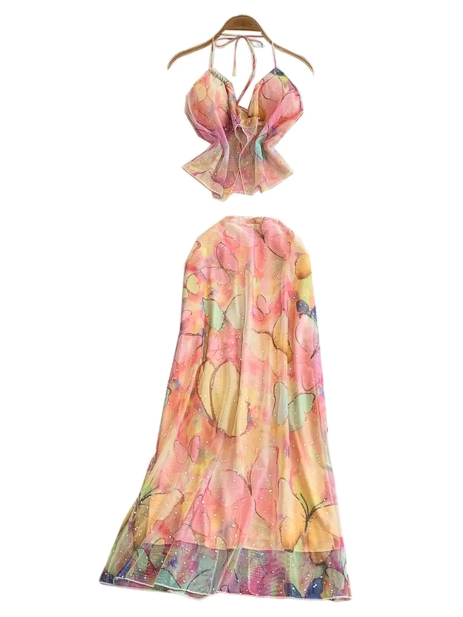 폼리나 니치 섹시 슬릿 홀터탑 & 플라워 프린트 스커트 세트 여성 휴가 신상 시크 메쉬 하이웨이스트 롱 스커트 홀리데이 세트