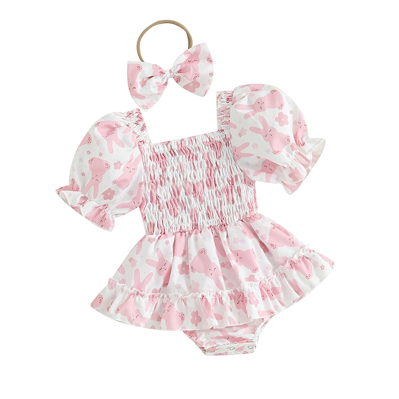 BeQeuewll Baby Girl Easter Outfit Short Sleeve Off-shoulder Rabbit Print A-line Romper Dress with Bow Headband Clothes