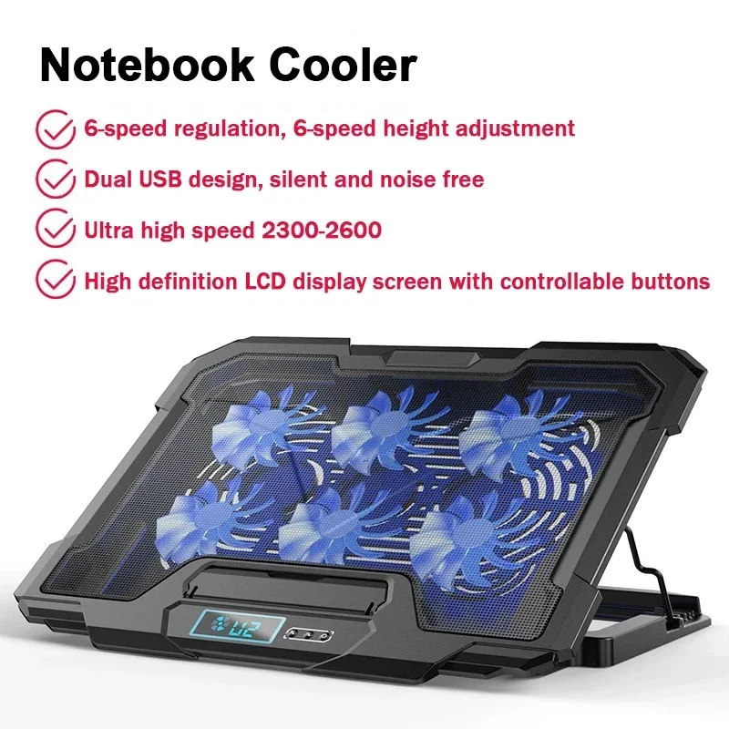 

Gaming Laptop Cooler Large Size For 2-18'' Led Screen Laptop Cooling Pad 2300-2600 RPM 6 Fans 2 USB Ports Notebook Cooler Stand