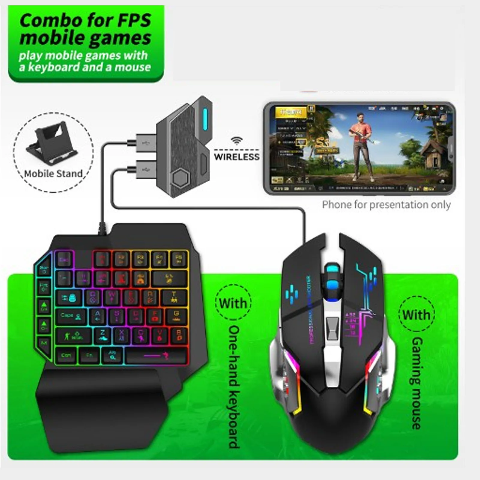 

Gaming Keyboard Mouse Combo with Converter 4 in 1 Single Hand Mobile Game Keyboard Mouse Adapter Set with LED Backlight