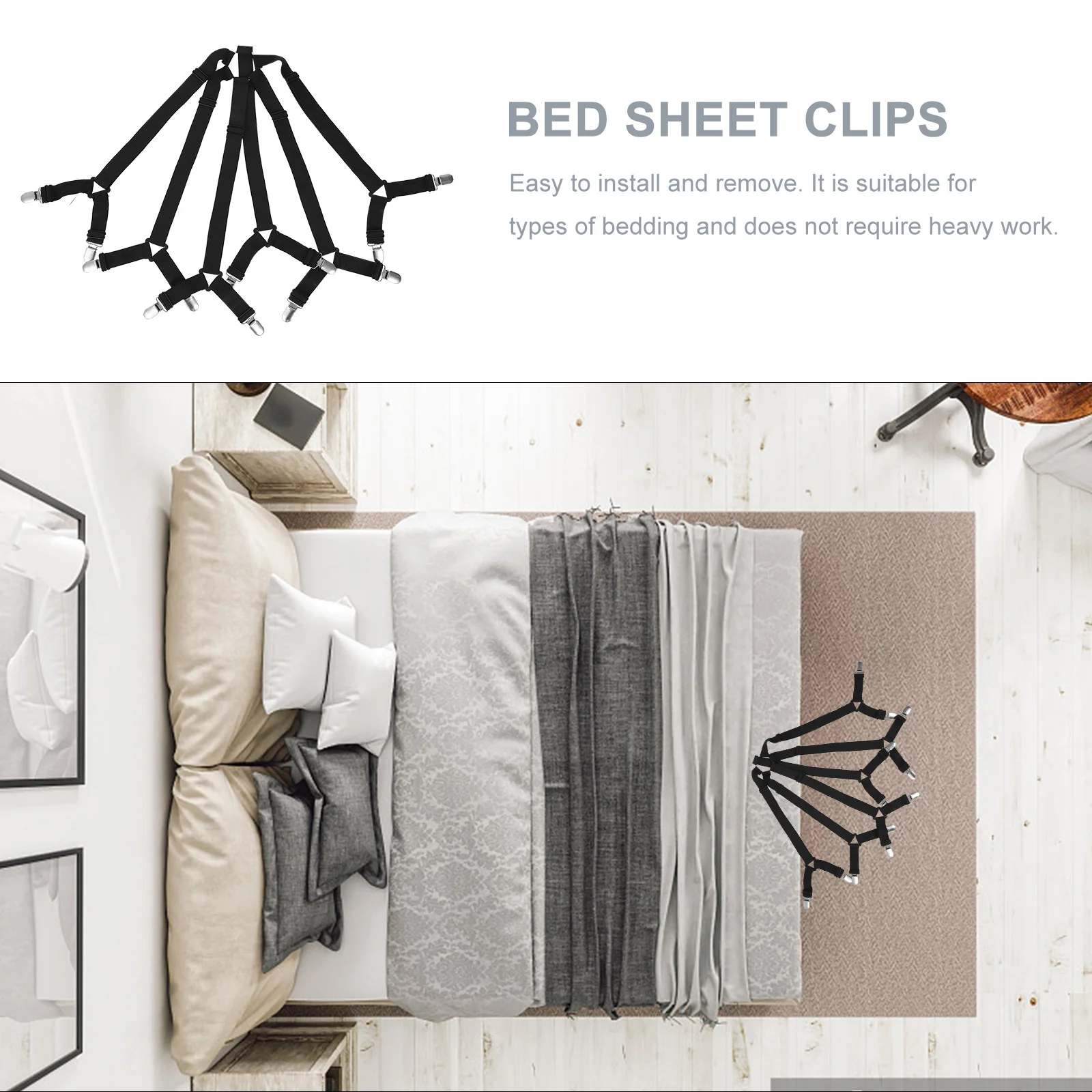 

Bed Sheet Clips Grippers with 6 Side Straps Strong Hold Non-Slip Sheet Fastener for Mattress Secure Fit Comfort