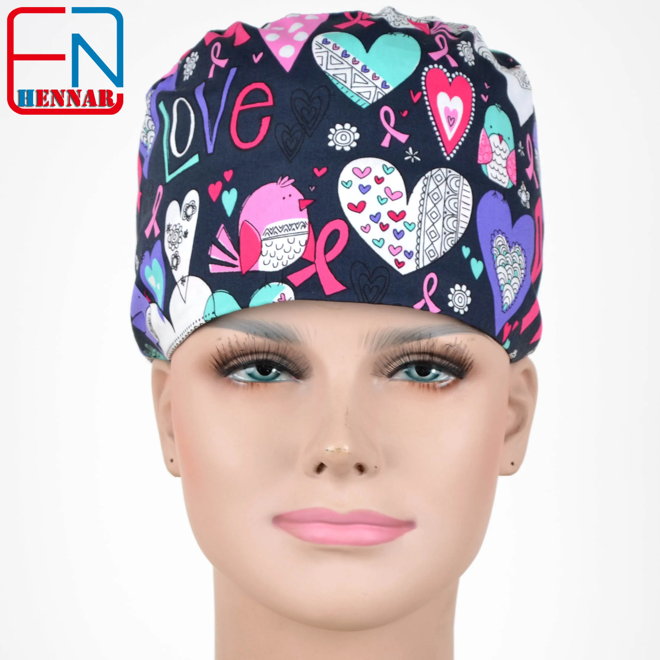 Hennar-Medical Scrub Caps, Fitas e Corações Amor, 100% Algodão, Doctor Caps, 2 Tamanhos