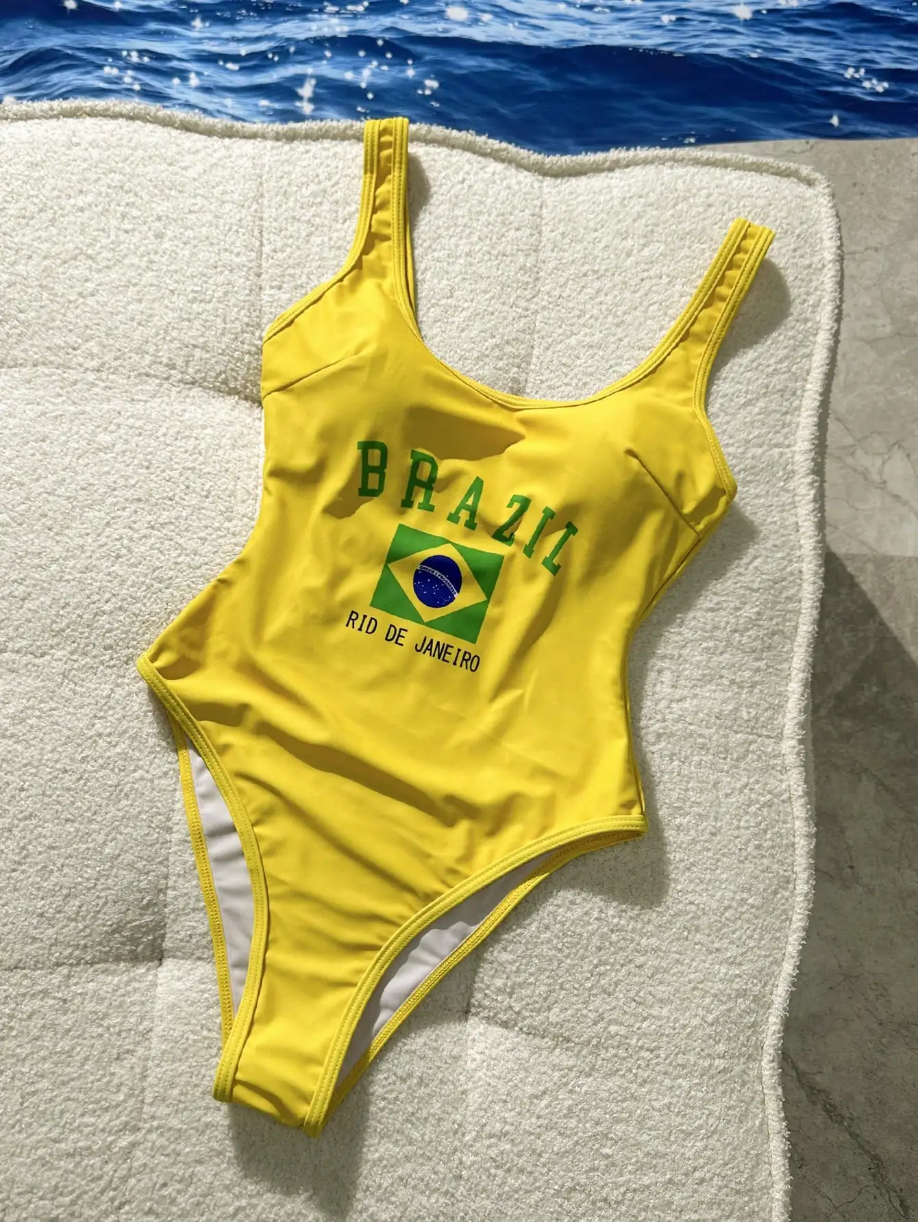 

Neon Yellow Brazilian One Piece Swimsuit High Cut Flag Print Beach Party Swimwear
