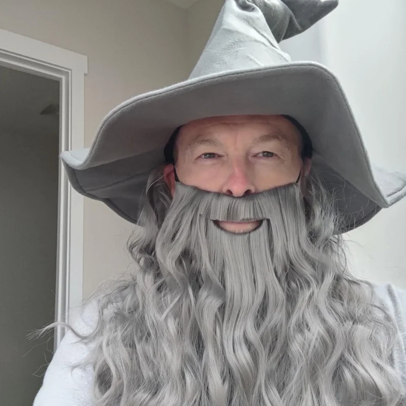 Gandalf Inspired Wizard Costume Set: Gray Long Curly Beard + Pointed Hat For Halloween Cosplay Synthetic Wig