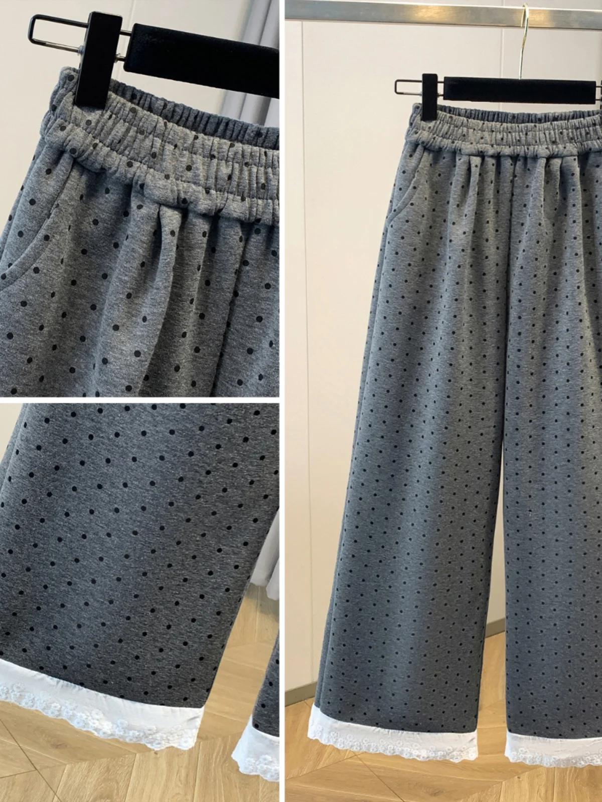 Retro Polka Dot Breite Bein Hosen Spitze Patchwork Elastische Taille Beiläufige Gerade Leggings Frühling Sommer plus Größe frauen Kleidung