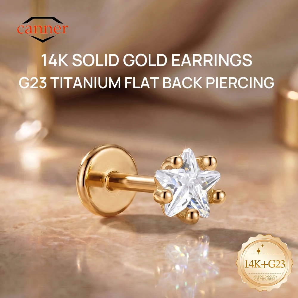 

CANNER 14K Solid Gold Five-Claws Star CZ G23 Titanium Flat Back Piercing Earrings Hypoallergenic Cartilage Helix Tragus Jewelry