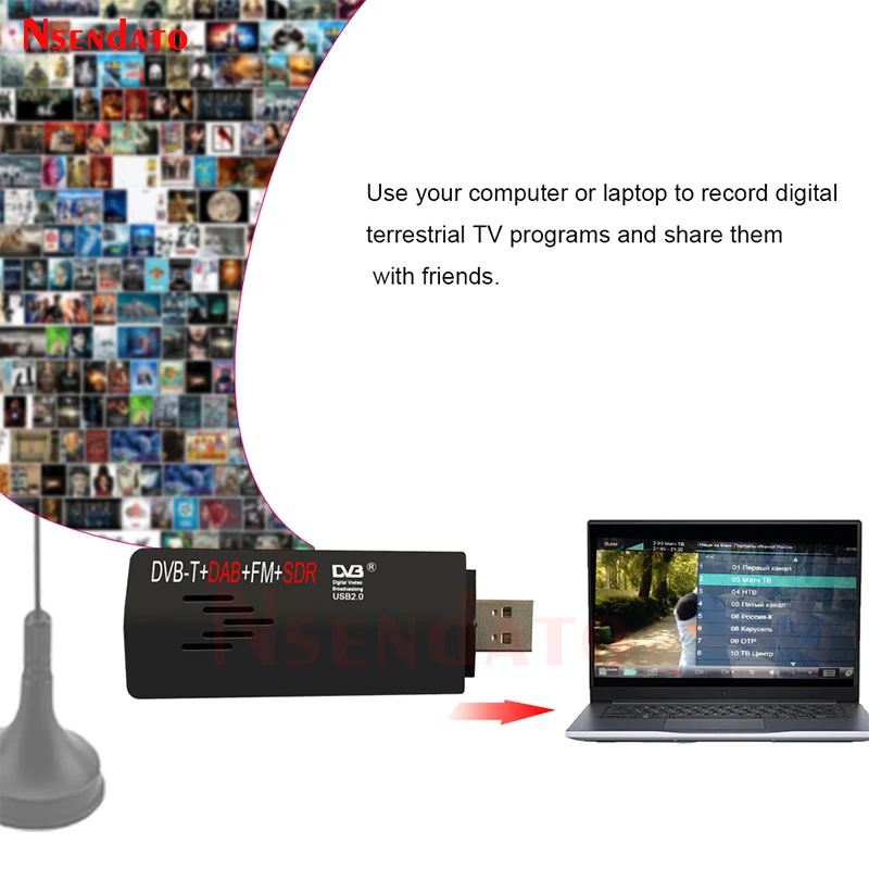 디지털 USB 2.0 USB TV 스틱 동글, FM DAB DVB-T RTL2832U + R860, SDR TV 튜너 수신기, 레코더, 노트북 PC 용 안테나 포함
