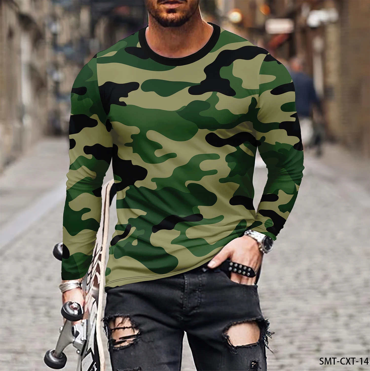 Camo printed autumn men\'s round neck T-shirt casual long sleeved T-shirt large pullover fashion trend men\'s clothing