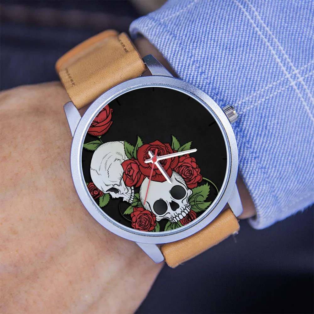 ساعات الورد للرجال ساعة الهاتفي تذكارية سوداء كوارتز ساعات المعصم الجمجمة 45/38 مللي متر هدية شخصية هدايا للرجال الفضة الرجال You