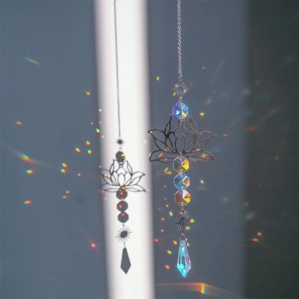 Metal Lotus Crystal Suncatcher Rainbow Marker AB Colorful Water Drop Pendants Outdoor Window Garden Hanging Wedding Home Decor