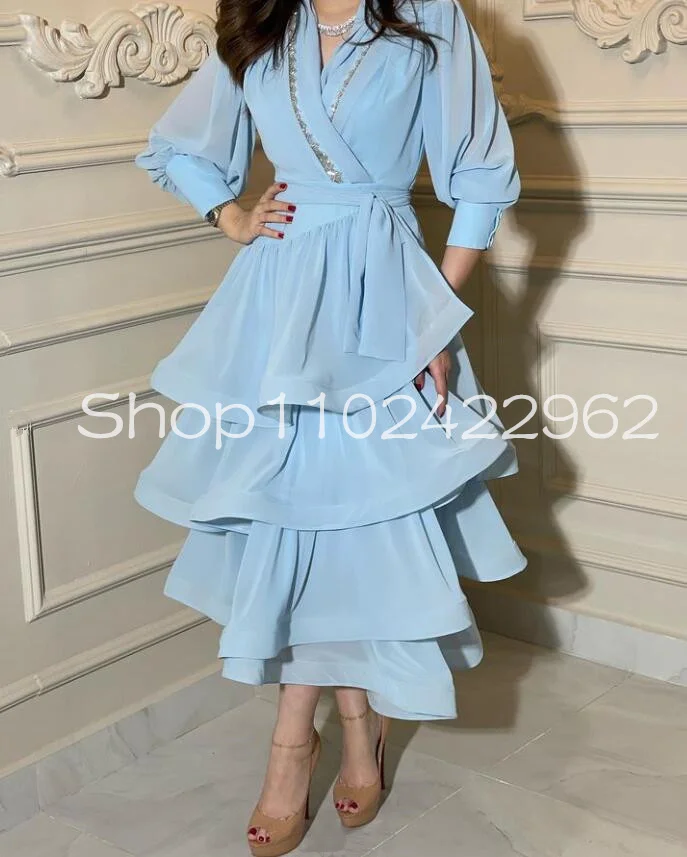 Sky Blue Arabic Aso Ebi Prom Dresses Long Sleeve Beaded Ruffles Ruched Tiered Skirt Dubai Abaya Evening Gown for Women