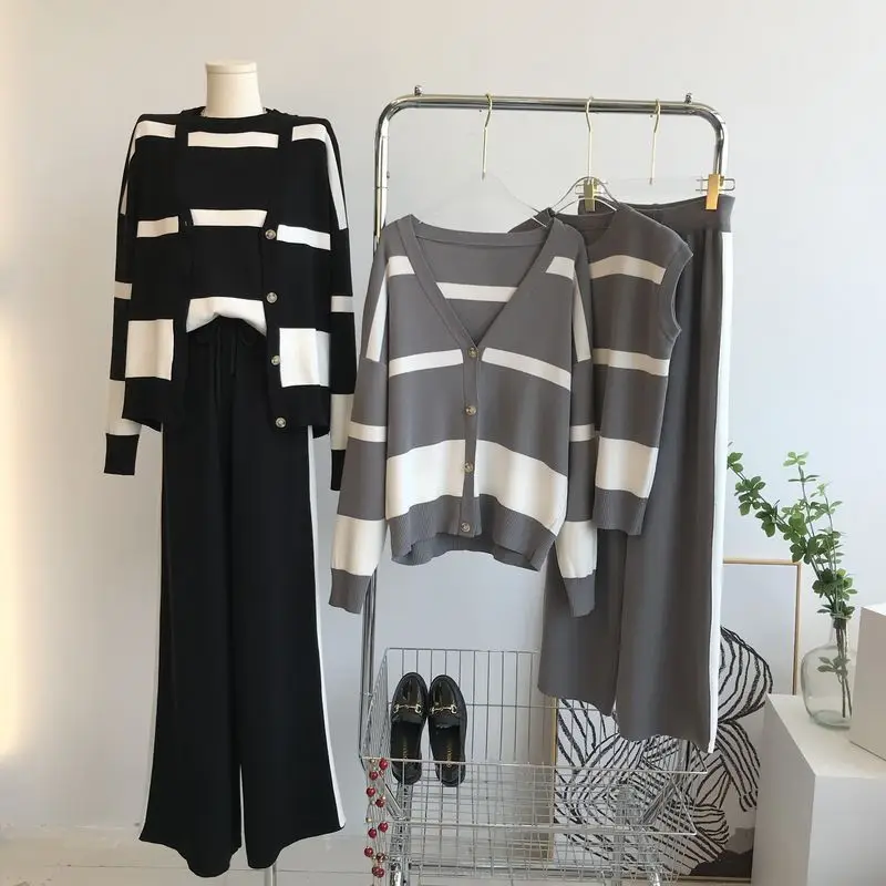 

Women Pullovers Suits Sweater Pant Set Autumn Winter Knitted Casual Loose Long Sleeve Elegance Striped Tops Young E1480