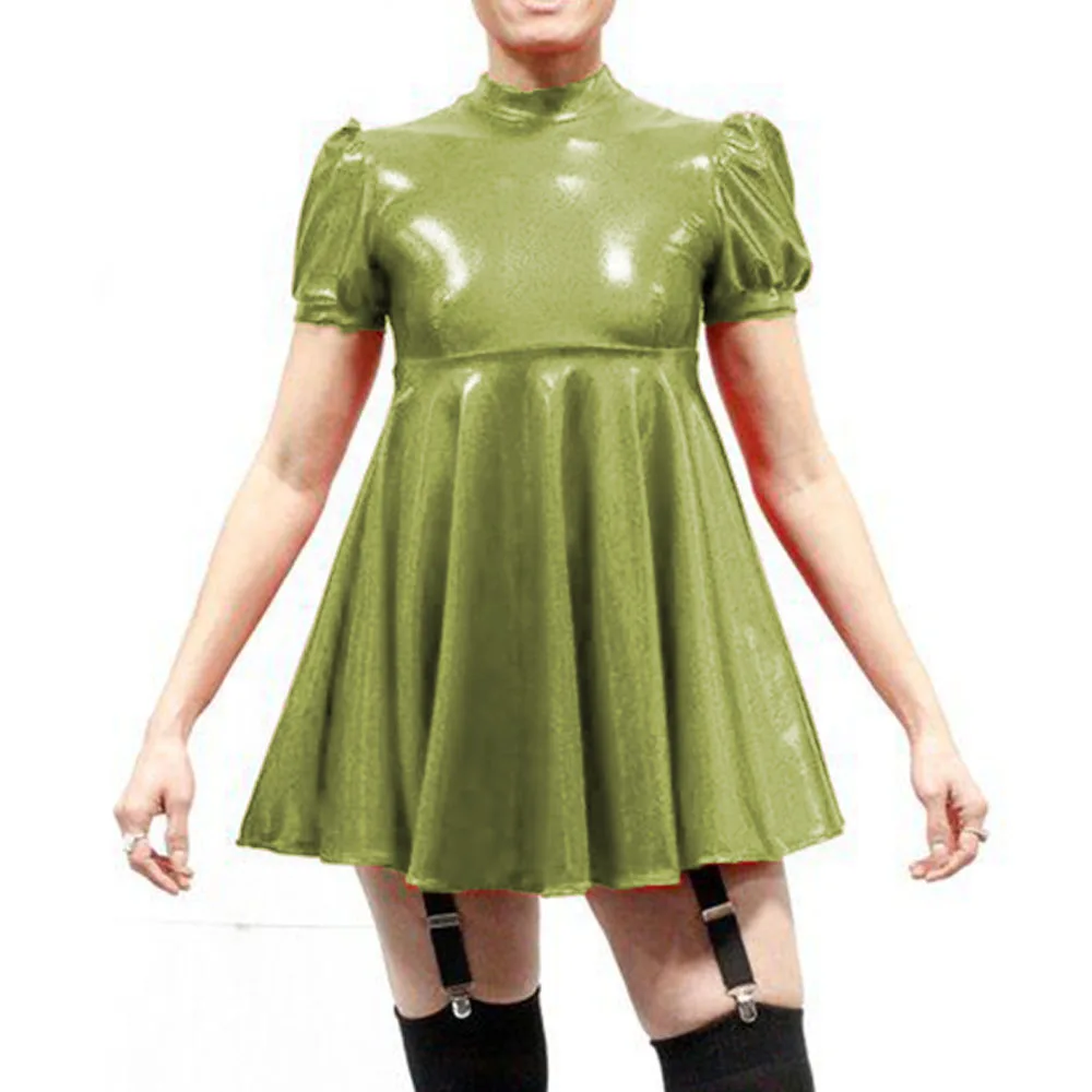 Plus Größe Latex-look Mini Kleider Mode Mock Neck Plissee A-Line Sissy Kleid Rave Party Swing Kurze Kleider Männlichen PVC vestidos