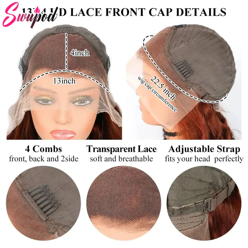 Swupod 13X4 13X6 200 Dichtheid Transparante Hd Lace Pruik Voor Vrouwen Deep Wave Remy Human Hair 33 # Roodachtig Bruine Kleur Lijmloos