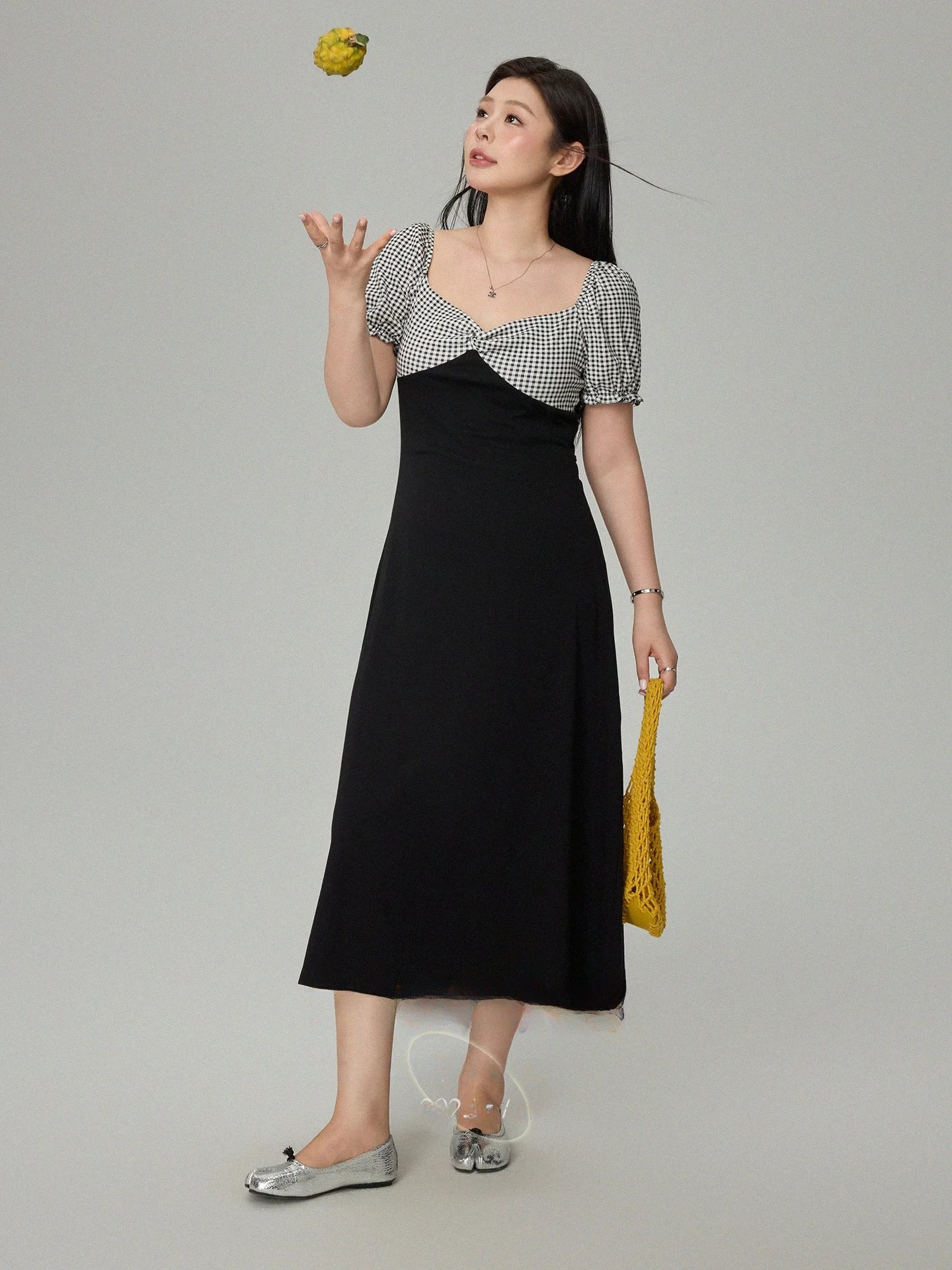 

Monika Large Size Square Collar Dress Women Summer Plaid Splicing Short Sleeve Long Skirt Commute Style High Waist Cotton Casual
