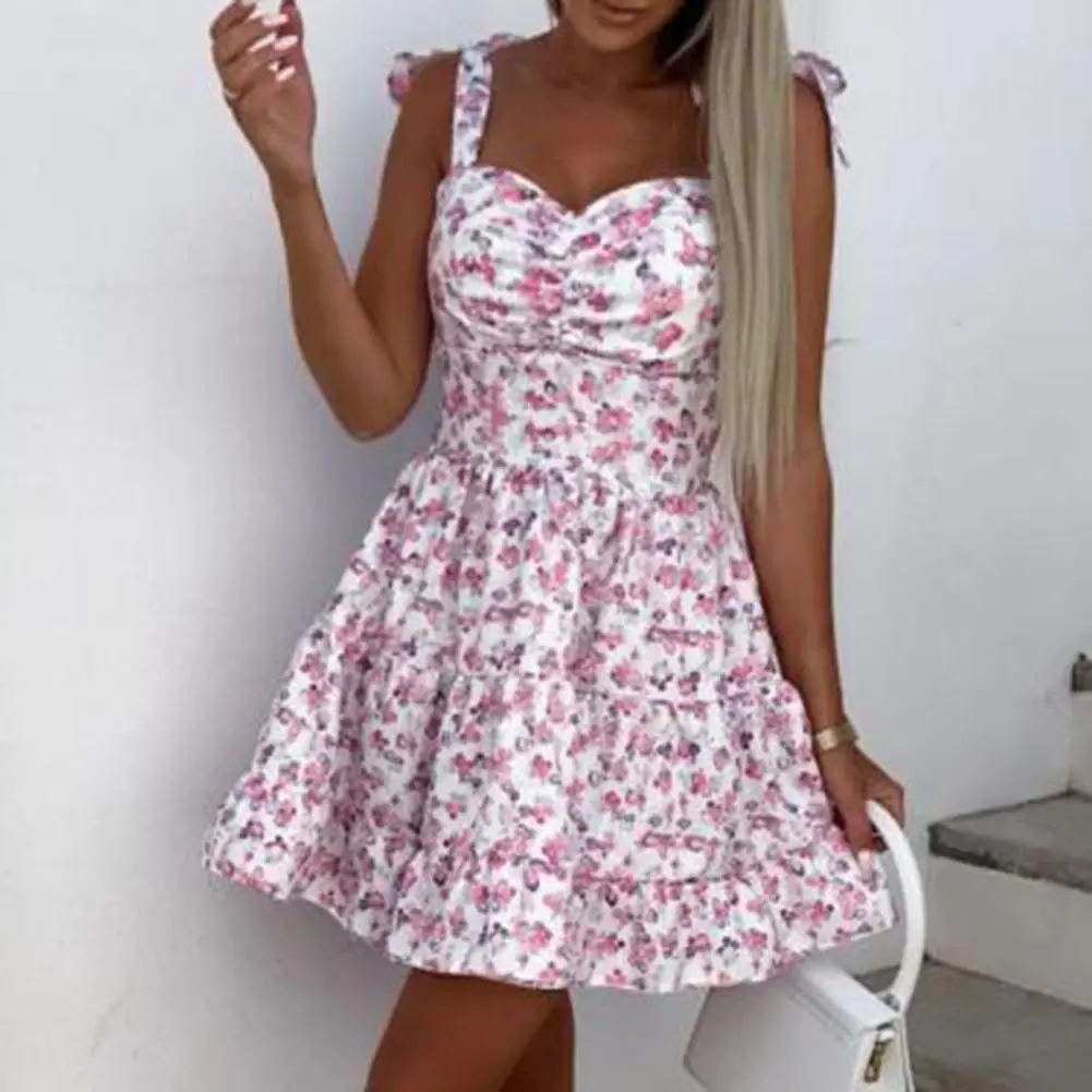 

Comfortable Fashion Floral Leaves Printing Slim Summer Dress Backless Beach Sundress Suspenders Design Female Clothing