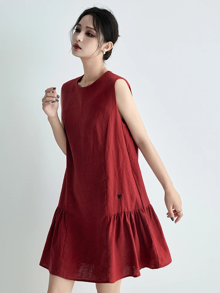 

High-End 100% Linen Fabric Wine Red Small Bee Loose Dress Summer Sleeveless Women's Dress Casual round Neck A-Line Skirt