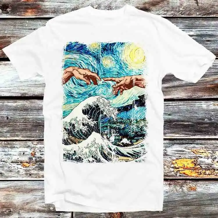 The Great Wave Off Kanagawa Hands Of God Starry Nights Van Gogh T Shirt Vintage Retro Cartoon Anime Top B447