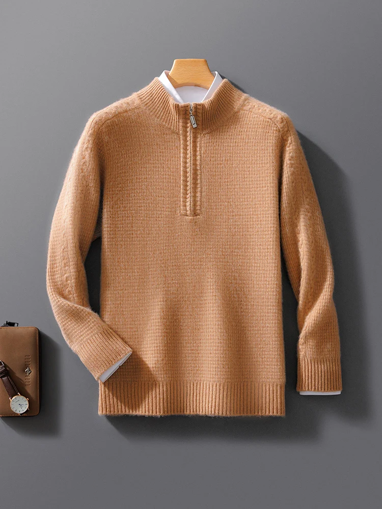 

Новый мужской пуловер на молнии из 100% мериносовой шерсти, утепленный однотонный свитер, кашемировая одежда, осенне-зимний вязаный топ