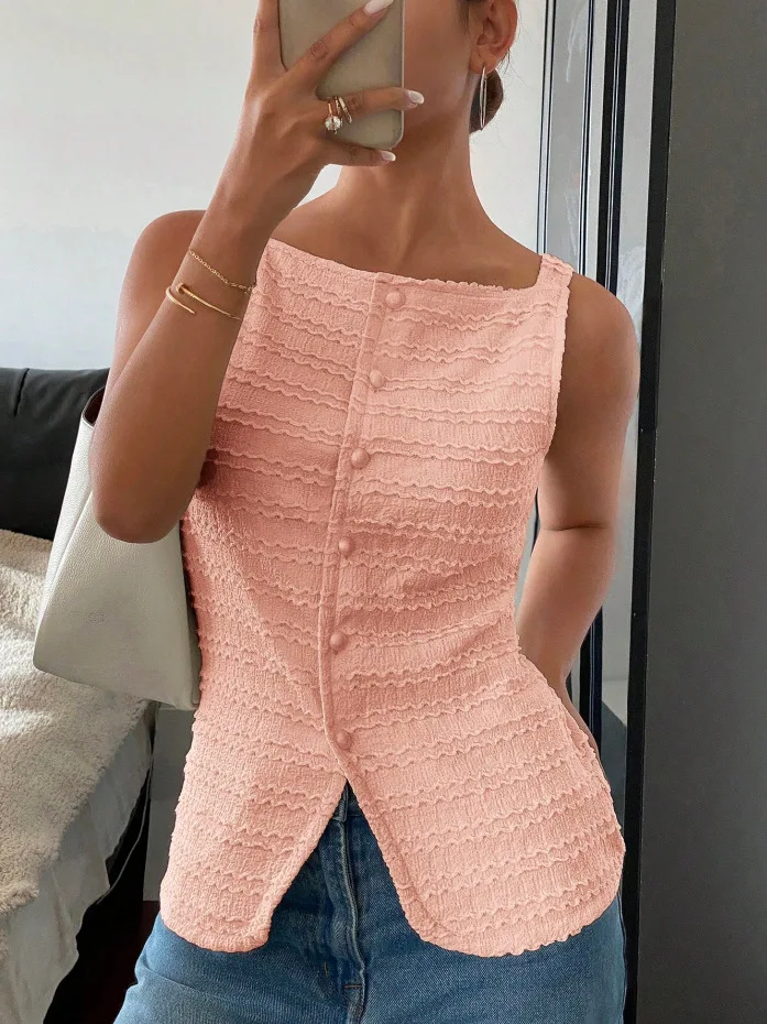 

2026 Fashion Temperament Single-breasted Crew Neck Sleeveless Slim-fit Vest Solid Color Women's Top