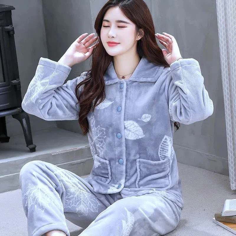 Winter Warm Flannel Women Pyjamas Sets Thick Coral Velvet Long Sleeve Pajamas Set Leisure Sleepwear for Women Nightwear