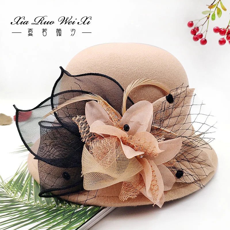 Classical Wool Felt Wide Brim Fedora Hat Pearl Belt Pink Solid Caps Men Women Winter Derby Wedding Church Jazz Hats