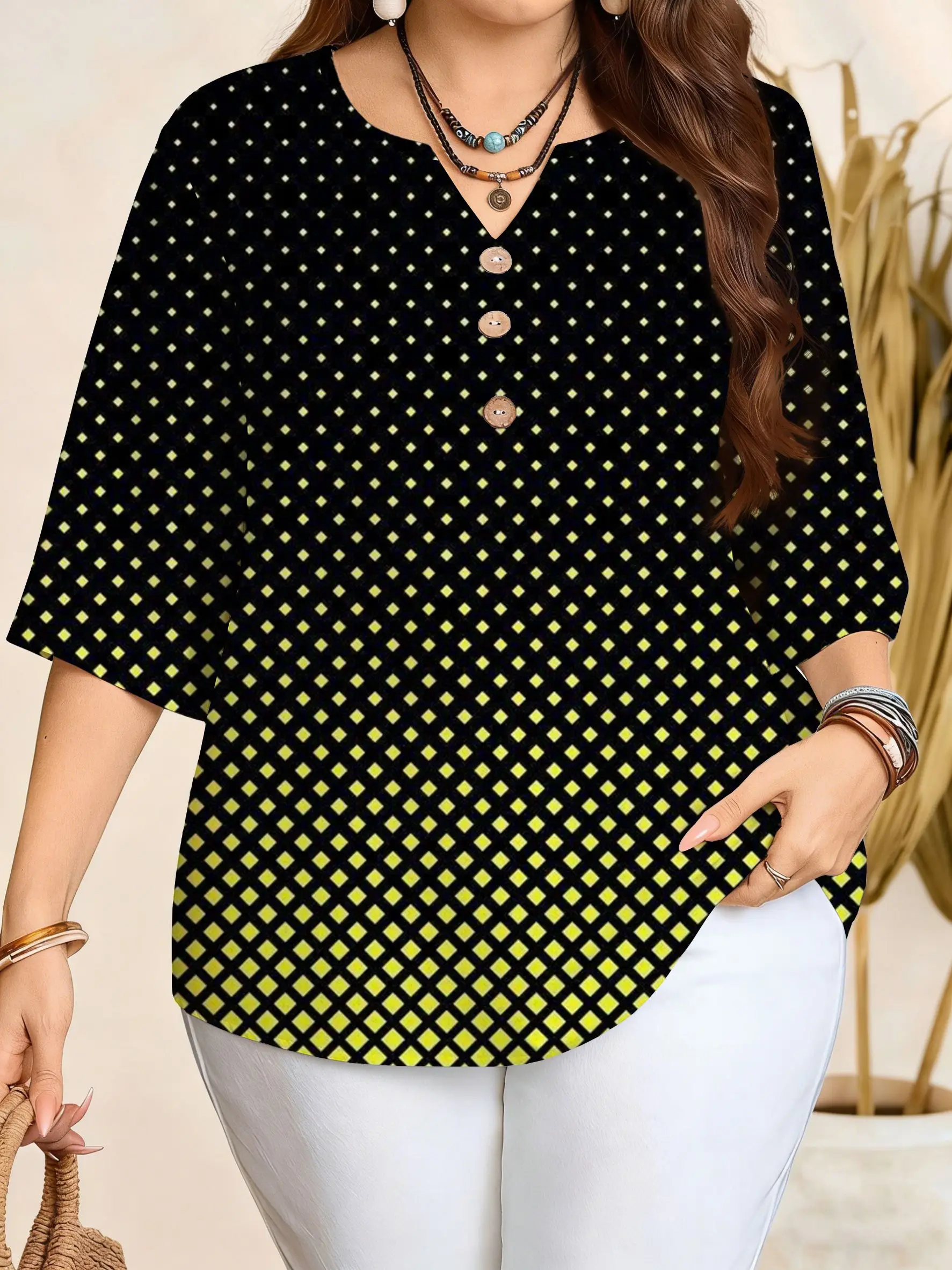 Women Blouse,Skull,Blue Floral,Diamond Grid,Butterfly Silhouette,Mandala Tile Print,Notched V‑Neck 3/4 Sleeve Buttons Loose Tops