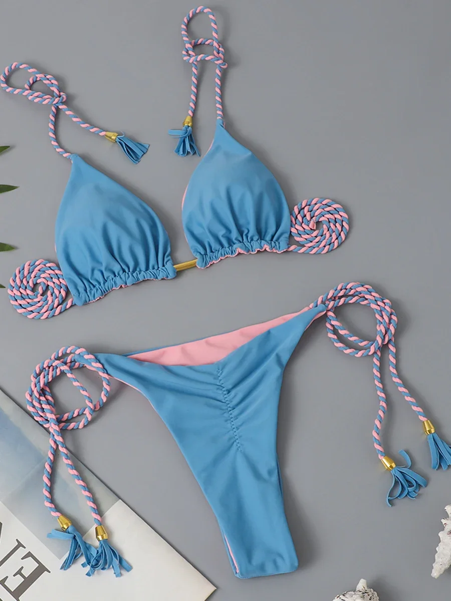 Bikini con cordón triangular para mujer, traje de baño brasileño Sexy con Tanga lateral y lazo, traje de baño para mujer, ropa de playa 2024