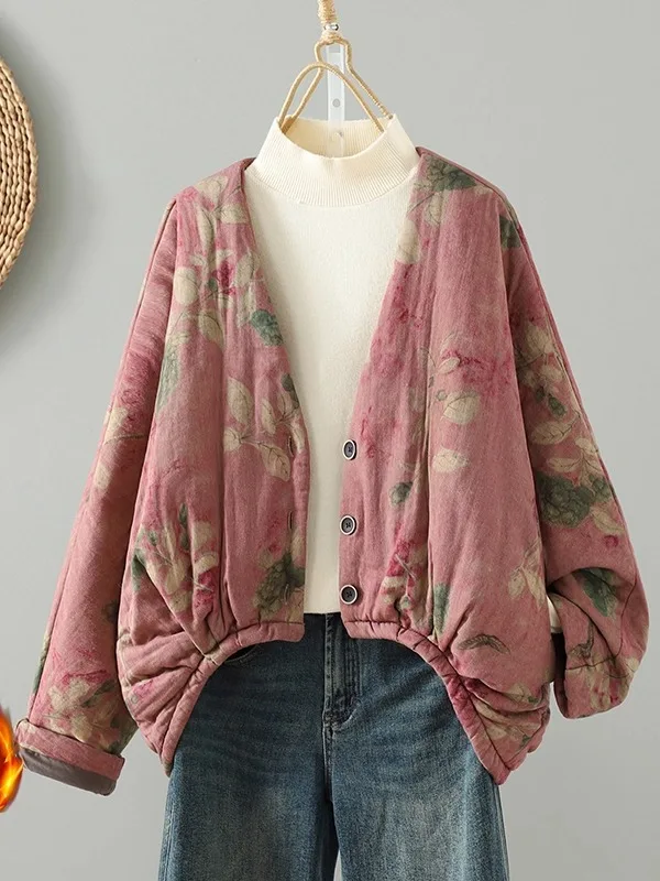 

Retro Print Chinese Sle Loose Long Sve V-Ne Cotton Jaet Batwing Sve Thiened Cotton Outerwear for Women
