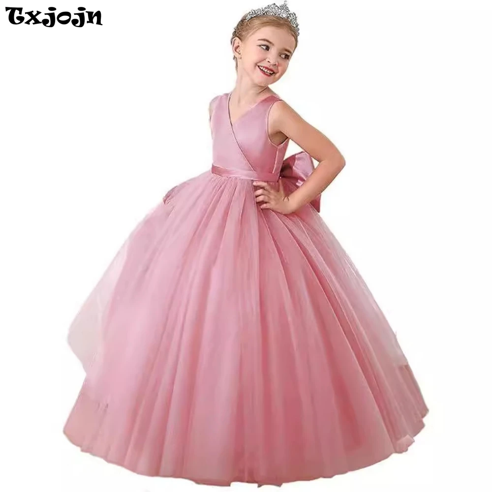 2025 New Girls V-neck Tank Sleeves Princess Dresses For Violin Piano Performance Cute Sweet Child Prom Gown For Wedding Party