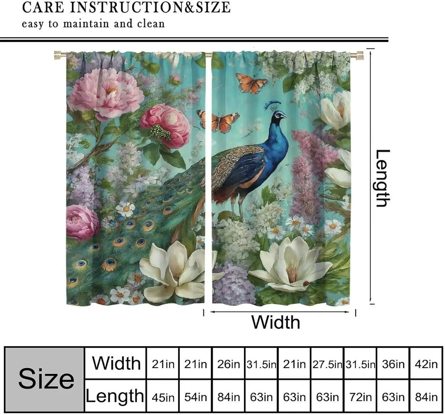 Retro Peacock Curtains,Spring Nature Garden Romance Watercolor Peony Flower Butterfly Beautiful Bird Decor Window Treatments
