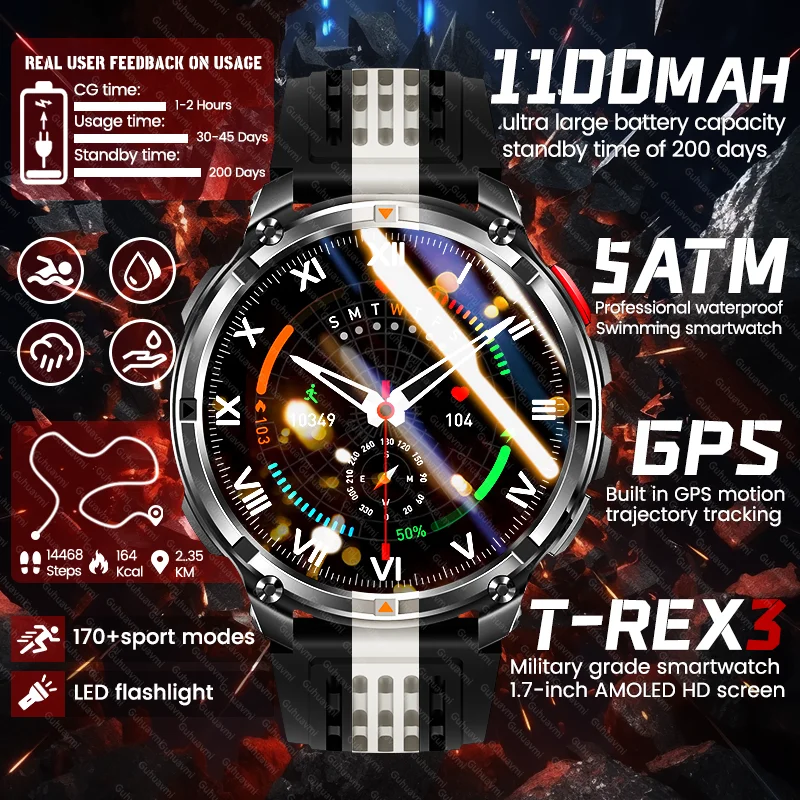 

New Military Men T-Rex 1100mAh Large Battery Smart Watch Outdoor Flashlight GPS 5ATM Waterproof Sports Bluetooth Call Smartwatch
