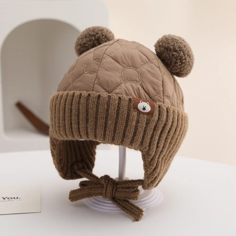 

Warm Fleece Ear Protection Hat Knitted Design Thickened Material Infant Hat Tie Closure Windproof Feature Winter Hat