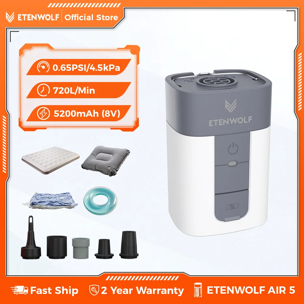 

ETENWOLF AIR 5 Electric Air Pump 720 LPM Quick Inflator & Deflator 5200 mAh Portable Air Pump for Pool Floats Vacuum Storage Bag