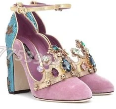 Vintage Suede Gemstone Crown Decoration Stitching Blue Sequin Star Cloth High Heels Pumps Rhinestone Buckles Thick Heel Shoes