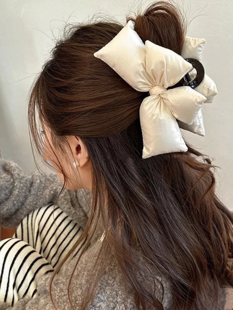 3D Cotton Filling Bow Hair Claw Women Fashion Versatile Hair Accessories Aesthetic Bowknot 2025 New Advanced Large Shark Clip