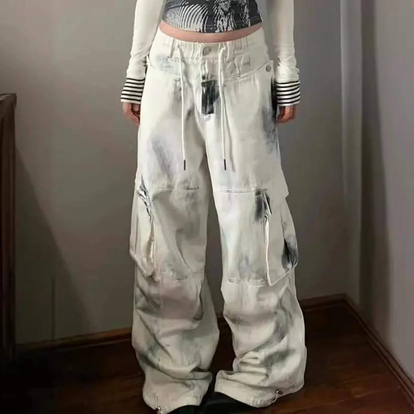 

Женские повседневные модные свободные брюки-карго в американском стиле больших размеров с несколькими карманами и завязками с принтом, женские джинсовые брюки