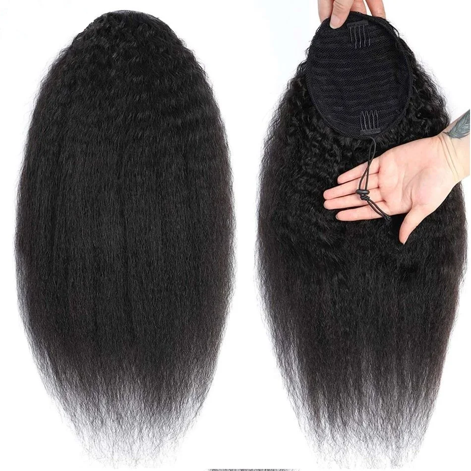 24 Inches Kinky Straight Ponytail Extension 100% Human Drawstring Ponytail For Black Women Yaki Pony Tails Hair Extensions