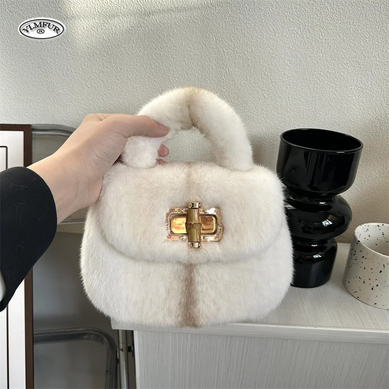 Borsa in pelliccia di visone da donna in pelliccia borse da polso in peluche calde di lusso moda donna pochette con manico corto in pelliccia borse