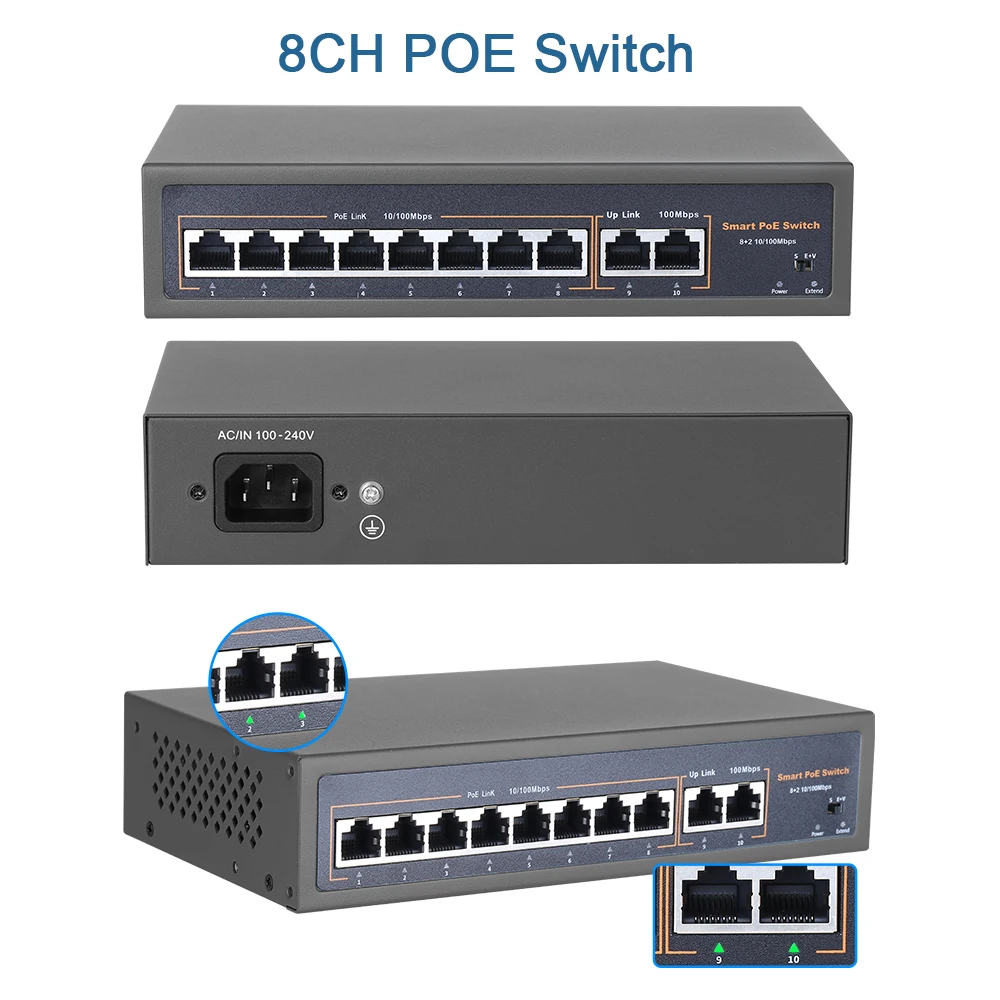 48V Network POE Switch With 4/8/16CH 10/100Mbps Ports IEEE 802.3 af/at Over Ethernet IP Camera/Wireless AP/CCTV  Camera System