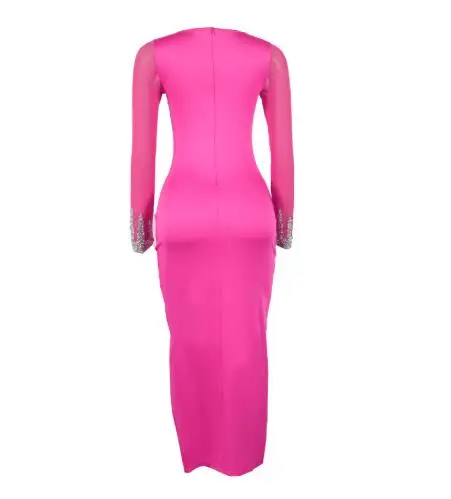 Womens Dresses 2025 Spring Autumn New Solid Color Sexy Perspective Splicing Long Sleeve Slit Casual Round Neck Slim Long Dress